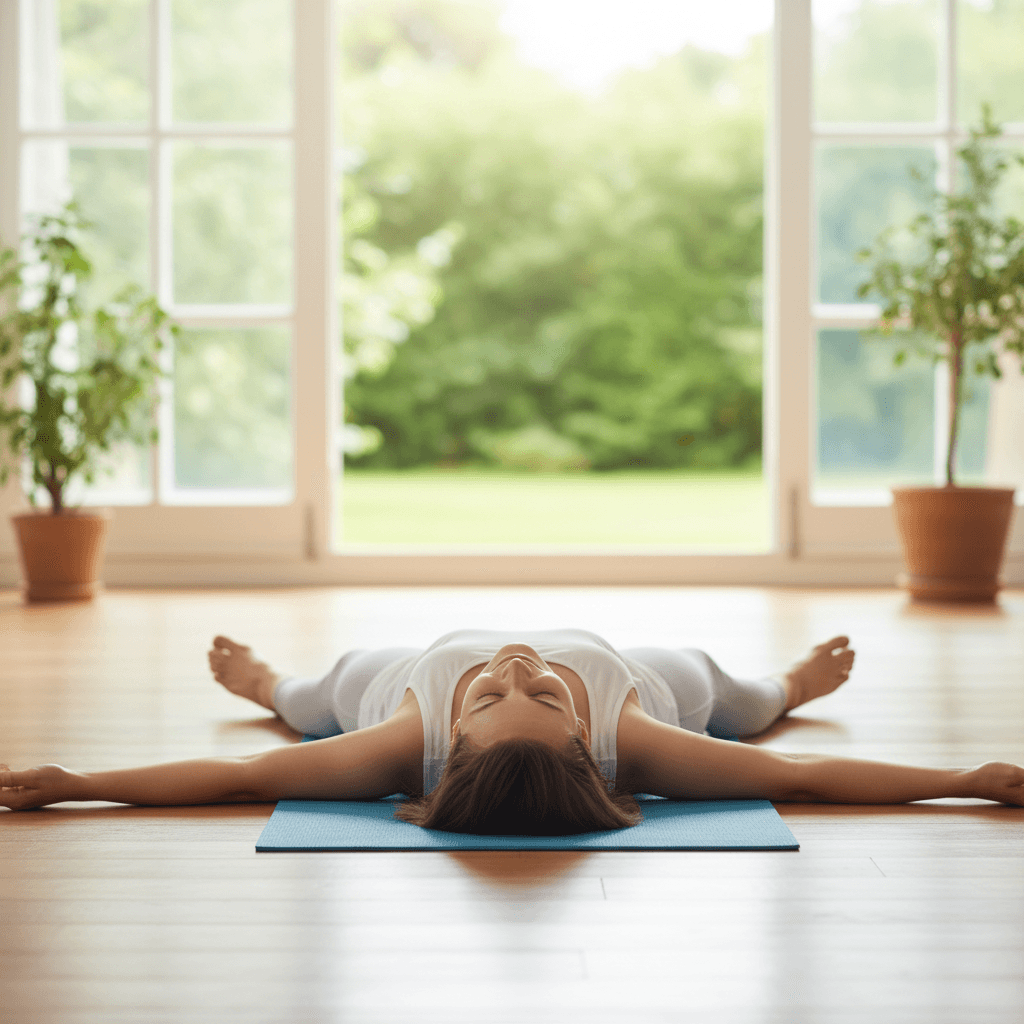 Personne allongée sur un tapis de yoga en posture de relaxation