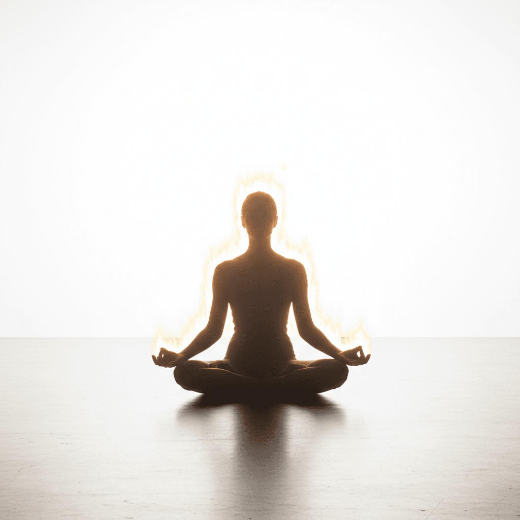 Silhouette d'une personne en posture de méditation dans un studio lumineux