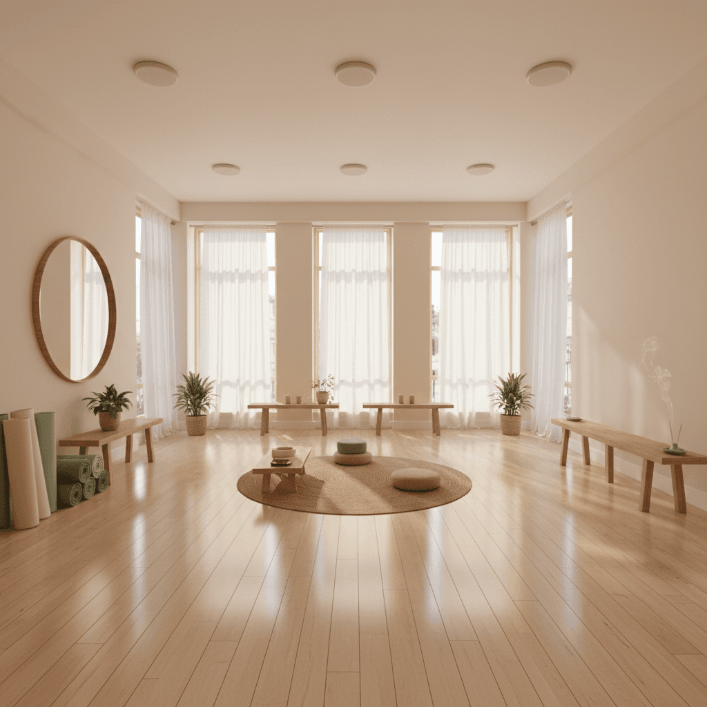 Intérieur d'un studio de yoga avec parquet et lumière naturelle