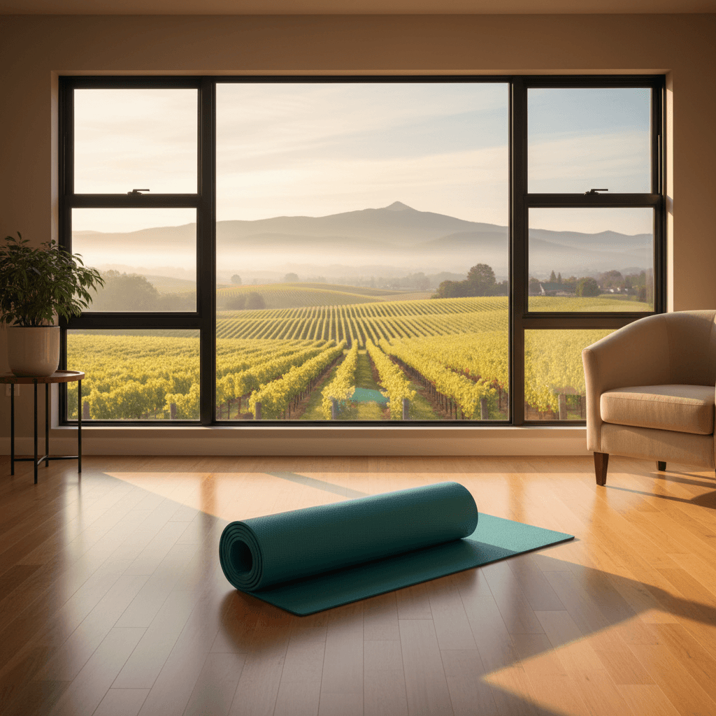 Tapis de yoga roulé sur un plancher en bois près d’une fenêtre
