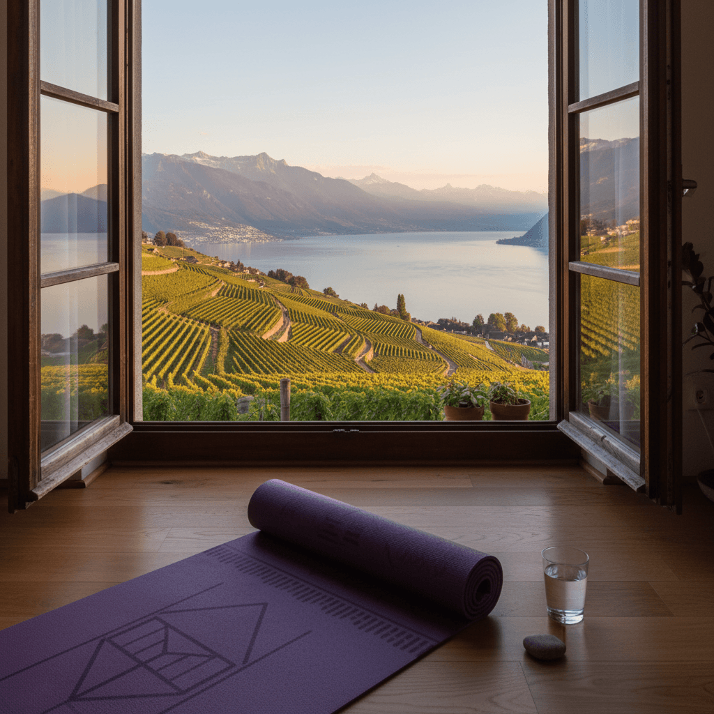 Vue sur les vignes du Lavaux depuis une fenêtre